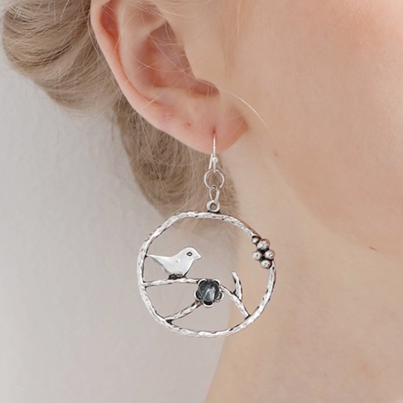 Antique Silver Bird Twig Hoops - Picture 2 of 4